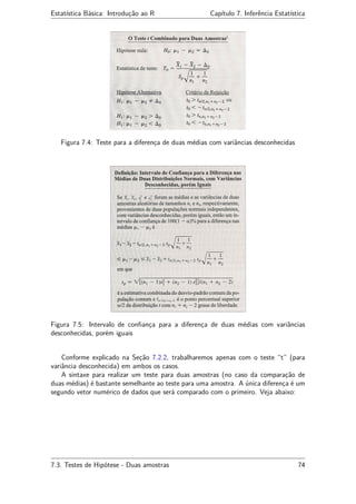Estatística Básica: Introdução ao R Capítulo 7. Inferência Estatística
Figura 7.4: Teste para a diferença de duas médias com variâncias desconhecidas
Figura 7.5: Intervalo de conﬁança para a diferença de duas médias com variâncias
desconhecidas, porém iguais
Conforme explicado na Seção 7.2.2, trabalharemos apenas com o teste “t” (para
variância desconhecida) em ambos os casos.
A sintaxe para realizar um teste para duas amostras (no caso da comparação de
duas médias) é bastante semelhante ao teste para uma amostra. A única diferença é um
segundo vetor numérico de dados que será comparado com o primeiro. Veja abaixo:
7.3. Testes de Hipótese - Duas amostras 74
 