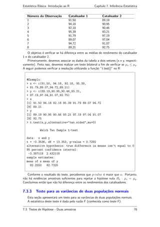 Estatística Básica: Introdução ao R Capítulo 7. Inferência Estatística
Número da Observação Catalisador 1 Catalisador 2
1 91,50 89,19
2 94,18 90,95
3 92,18 90,46
4 95,39 93,21
5 91,79 97,19
6 89,07 97,04
7 94,72 91,07
8 89,21 92,75
O objetivo é veriﬁcar se há diferença entre as médias de rendimento do catalisador
1 e do catalisador 2.
Primeiramente, devemos associar os dados da tabela a dois vetores (x e y, respecti-
vamente). Feito isso, devemos realizar um teste bilateral a ﬁm de veriﬁcar se µx ≤ µy.
A seguir podemos veriﬁcar a resolução utilizando a função “t.test()” no R:
#Exemplo:
> x <- c(91.50, 94.18, 92.18, 95.39,
+ 91.79,89.07,94.72,89.21)
> y <- c(89.19,90.95,90.46,93.21,
+ 97.19,97.04,91.07,92.75)
> x
[1] 91.50 94.18 92.18 95.39 91.79 89.07 94.72
[8] 89.21
> y
[1] 89.19 90.95 90.46 93.21 97.19 97.04 91.07
[8] 92.75
> t.test(x,y,alternative="two.sided",mu=0)
Welch Two Sample t-test
data: x and y
t = -0.3536, df = 13.353, p-value = 0.7292
alternative hypothesis: true difference in means isn’t equal to 0
95 percent confidence interval:
-3.387118 2.432118
sample estimates:
mean of x mean of y
92.2550 92.7325
Conforme o resultado do teste, percebemos que p-value é maior que α. Portanto,
não há evidências amostrais suﬁcientes para rejeitar a hipótese nula H0 : µx = µy.
Concluímos então que não há diferença entre os rendimentos dos catalisadores.
7.3.3 Teste para as variâncias de duas populações normais
Esta seção apresentará um teste para as variâncias de duas populações normais.
A estatística deste teste é dada pela razão F (conhecida como teste F):
7.3. Testes de Hipótese - Duas amostras 76
 