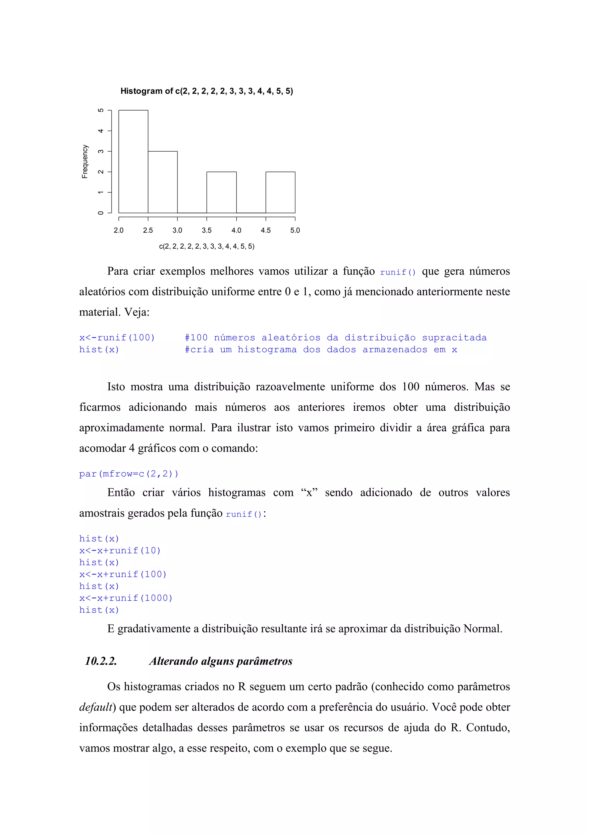 Histogram of c(2, 2, 2, 2, 2, 3, 3, 3, 4, 4, 5, 5)
c(2, 2, 2, 2, 2, 3, 3, 3, 4, 4, 5, 5)
Frequency
2.0 2.5 3.0 3.5 4.0 4.5 5.0
012345
Para criar exemplos melhores vamos utilizar a função runif() que gera números
aleatórios com distribuição uniforme entre 0 e 1, como já mencionado anteriormente neste
material. Veja:
x<-runif(100) #100 números aleatórios da distribuição supracitada
hist(x) #cria um histograma dos dados armazenados em x
Isto mostra uma distribuição razoavelmente uniforme dos 100 números. Mas se
ficarmos adicionando mais números aos anteriores iremos obter uma distribuição
aproximadamente normal. Para ilustrar isto vamos primeiro dividir a área gráfica para
acomodar 4 gráficos com o comando:
par(mfrow=c(2,2))
Então criar vários histogramas com “x” sendo adicionado de outros valores
amostrais gerados pela função runif():
hist(x)
x<-x+runif(10)
hist(x)
x<-x+runif(100)
hist(x)
x<-x+runif(1000)
hist(x)
E gradativamente a distribuição resultante irá se aproximar da distribuição Normal.
10.2.2. Alterando alguns parâmetros
Os histogramas criados no R seguem um certo padrão (conhecido como parâmetros
default) que podem ser alterados de acordo com a preferência do usuário. Você pode obter
informações detalhadas desses parâmetros se usar os recursos de ajuda do R. Contudo,
vamos mostrar algo, a esse respeito, com o exemplo que se segue.
 
