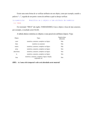 Existe uma outra forma de se verificar atributos em um objeto, como por exemplo, usando a
palavra “is”, seguida de um ponto e nome do atributo a qual se deseja verificar.
is.numeric(x) #verifica se o objeto x tem atributo de numérico
[1] TRUE
Foi retornado “TRUE” (do inglês, VERDADEIRO). Caso o objeto x fosse do tipo caractere,
por exemplo, o resultado seria FALSE.
A tabela abaixo sintetiza os objetos e seus possíveis atributos (tipos). Veja:
Objeto Tipos
Suporta tipos
diferentes
vetor numérico, caractere, complexo ou lógico Não
fator numérico ou caractere Não
matriz numérico, caractere, complexo ou lógico Não
array numérico, caractere, complexo ou lógico Sim
data.frame numérico, caractere, complexo ou lógico Sim
ts numérico, caractere, complexo ou lógico Sim
lista
numérico, caractere, complexo, lógico, função,
expressão, etc
Sim
OBS.: ts é uma série temporal e não será abordada neste material
 