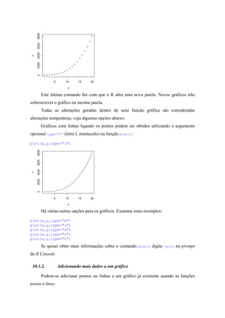 5 10 15 20
02000400060008000
x
y
Este último comando faz com que o R abra uma nova janela. Novos gráficos irão
sobrescrever o gráfico na mesma janela.
Todas as alterações geradas dentro de uma função gráfica são consideradas
alterações temporárias, veja algumas opções abaixo.
Gráficos com linhas ligando os pontos podem ser obtidos utilizando o argumento
opcional type="l" (letra L minúsculo) na função plot():
plot(x,y,type="l")
5 10 15 20
02000400060008000
x
y
Há várias outras opções para os gráficos. Examine estes exemplos:
plot(x,y,type="b")
plot(x,y,type="o")
plot(x,y,type="s")
plot(x,y,type="c")
plot(x,y,type="h")
Se quiser obter mais informações sobre o comando plot() digite ?plot no prompt
do R Console.
10.1.2. Adicionando mais dados a um gráfico
Podem-se adicionar pontos ou linhas a um gráfico já existente usando as funções
points e lines:
 