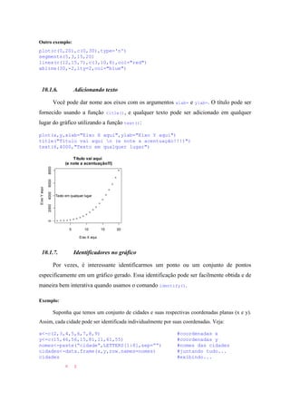 Outro exemplo:
plot(c(0,20),c(0,30),type='n')
segments(5,3,15,20)
lines(c(12,15,7),c(3,10,8),col="red")
abline(30,-2,lty=2,col="blue")
10.1.6. Adicionando texto
Você pode dar nome aos eixos com os argumentos xlab= e ylab=. O título pode ser
fornecido usando a função title(), e qualquer texto pode ser adicionado em qualquer
lugar do gráfico utilizando a função text():
plot(x,y,xlab="Eixo X aqui",ylab="Eixo Y aqui")
title("Título vai aqui n (e note a acentuação!!!)")
text(6,4000,"Texto em qualquer lugar")
5 10 15 20
02000400060008000
Eixo X aqui
EixoYaqui
Título vai aqui
(e note a acentuação!!!)
Texto em qualquer lugar
10.1.7. Identificadores no gráfico
Por vezes, é interessante identificarmos um ponto ou um conjunto de pontos
especificamente em um gráfico gerado. Essa identificação pode ser facilmente obtida e de
maneira bem interativa quando usamos o comando identify().
Exemplo:
Suponha que temos um conjunto de cidades e suas respectivas coordenadas planas (x e y).
Assim, cada cidade pode ser identificada individualmente por suas coordenadas. Veja:
x<-c(2,3,4,5,6,7,8,9) #coordenadas x
y<-c(15,46,56,15,81,11,61,55) #coordenadas y
nomes<-paste(“cidade”,LETTERS[1:8],sep=”“) #nomes das cidades
cidades<-data.frame(x,y,row.names=nomes) #juntando tudo...
cidades #exibindo...
x y
 