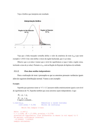 Veja o Gráfico que interpreta este resultado:
Veja que a linha tracejada vermelha define o valor da estatística do teste (tcalc) que neste
exemplo é 1,9323. Este valor define o início da região hachurada, que é o p-value.
Observe que o p-value é menor que o nível de significância α (que é toda a região cinza,
incluindo a área do p-value). Portanto o tcalc está na Região de Rejeição da hipótese de nulidade.
11.1.2. Para duas médias independentes
Para a realização do teste t pressupõe-se que as amostras possuem variâncias iguais
além de seguirem distribuição normal. Vamos a um exemplo:
Exemplo:
Suponha que queremos testar se “x” e “y” possuem média estatisticamente iguais a um nível
de significância de 1%. Suponha também que essas amostras sejam independentes. Logo:
yxa
yx
H
H
µµ
µµ
≠
=
:
:0
E agora o comando...
t.test(x,y, #amostras a serem testadas
conf.level = 0.99) #nível de confiança
Welch Two Sample t-test
data: x and y
t = 1.1148, df = 17.999, p-value = 0.2796
alternative hypothesis: true difference in means is not equal to 0
99 percent confidence interval:
-3.369829 7.629829
sample estimates:
 