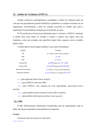 12. Análise de Variância (ANOVA)
Estudos estatísticos contemporâneos contemplam a análise de variância tendo em
vista que este procedimento permite identificar e quantificar as variações ocorridas em um
experimento, discriminando a parte da variação associada ao modelo pelo qual o
experimento foi procedido da variação que se dá devido ao acaso.
No R encontram-se diversos procedimentos para se executar a ANOVA, entretanto
o usuário deve estar atento ao escolher e realizar a análise, pois alguns erros são
freqüentes, como, por exemplo, não especificar algum fator, esquecer sinal no modelo,
dentre outros.
A tabela abaixo mostra alguns modelos e suas usuais formulações:
Modelo Fórmula
DIC y~t onde t é uma variável categórica
DBC y~t+b
DQL y~t+l+c
Fatorial/ DIC y~N*P igual a N + P + N:P
Fatorial/ DBC y~b+N*P igual a b+N+P+N:P
Regressão linear simples y~x onde x é uma variável exploratória
Regressão quadrática y~x+x2 onde x2 é um objeto x2<-x^2
lm() para regressão linear (linear models);
aov() para ANOVA, com erros NID;
glm() para ANOVA, com estrutura de erros especificada. (generalised linear
models);
nlme() para modelos mistos (nonlinear mixed-effects models);
nls() para modelos não lineares (nonlinear least squares).
12.1.DIC
O DIC (Delineamento Inteiramente Casualizado) trata de experimentos onde os
dados não são pré-separados ou classificados em categorias.
Exemplo:
Entrada dos dados da resposta do experimento:
res<-scan()
 