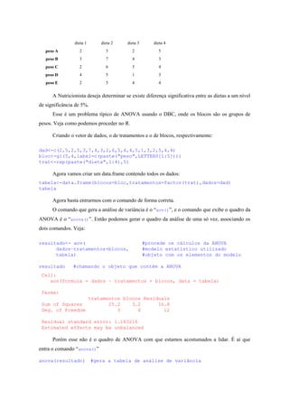dieta 1 dieta 2 dieta 3 dieta 4
peso A 2 5 2 5
peso B 3 7 4 3
peso C 2 6 5 4
peso D 4 5 1 3
peso E 2 5 4 4
A Nutricionista deseja determinar se existe diferença significativa entre as dietas a um nível
de significância de 5%.
Esse é um problema típico de ANOVA usando o DBC, onde os blocos são os grupos de
pesos. Veja como podemos proceder no R.
Criando o vetor de dados, o de tratamentos e o de blocos, respectivamente:
dad<-c(2,5,2,5,3,7,4,3,2,6,5,4,4,5,1,3,2,5,4,4)
bloc<-gl(5,4,label=c(paste("peso",LETTERS[1:5])))
trat<-rep(paste("dieta",1:4),5)
Agora vamos criar um data.frame contendo todos os dados:
tabela<-data.frame(blocos=bloc,tratamentos=factor(trat),dados=dad)
tabela
Agora basta entrarmos com o comando de forma correta.
O comando que gera a análise de variância é o “aov()”, e o comando que exibe o quadro da
ANOVA é o “anova()”. Então podemos gerar o quadro da análise de uma só vez, associando os
dois comandos. Veja:
resultado<- aov( #procede os cálculos da ANOVA
dados~tratamentos+blocos, #modelo estatístico utilizado
tabela) #objeto com os elementos do modelo
resultado #chamando o objeto que contém a ANOVA
Call:
aov(formula = dados ~ tratamentos + blocos, data = tabela)
Terms:
tratamentos blocos Residuals
Sum of Squares 25.2 3.2 16.8
Deg. of Freedom 3 4 12
Residual standard error: 1.183216
Estimated effects may be unbalanced
Porém esse não é o quadro de ANOVA com que estamos acostumados a lidar. É aí que
entra o comando “anova()”
anova(resultado) #gera a tabela de análise de variância
 