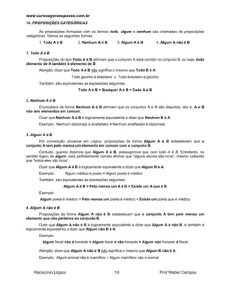 www.cursoagoraeupasso.com.br
Raciocínio Lógico 10 Prof Weber Campos
14. PROPOSIÇÕES CATEGÓRICAS
As proposições formadas com os termos todo, algum e nenhum são chamadas de proposições
categóricas. Temos as seguintes formas:
1. Todo A é B 2. Nenhum A é B 3. Algum A é B 4. Algum A não é B
1. Todo A é B
Proposições do tipo Todo A é B afirmam que o conjunto A está contido no conjunto B, ou seja, todo
elemento de A também é elemento de B.
Atenção: dizer que Todo A é B não significa o mesmo que Todo B é A.
Todo gaúcho é brasileiro  Todo brasileiro é gaúcho
Também, são equivalentes as expressões seguintes:
Todo A é B = Qualquer A é B = Cada A é B
2. Nenhum A é B
Enunciados da forma Nenhum A é B afirmam que os conjuntos A e B são disjuntos, isto é, A e B
não tem elementos em comum.
Dizer que Nenhum A é B é logicamente equivalente a dizer que Nenhum B é A.
Exemplo: Nenhum diplomata é analfabeto = Nenhum analfabeto é diplomata
3. Algum A é B
Por convenção universal em Lógica, proposições da forma Algum A é B estabelecem que o
conjunto A tem pelo menos um elemento em comum com o conjunto B.
Contudo, quando dizemos que Algum A é B, pressupomos que nem todo A é B. Entretanto, no
sentido lógico de algum, está perfeitamente correto afirmar que “alguns alunos são ricos”, mesmo sabendo
que “todos eles são ricos”.
Dizer que Algum A é B é logicamente equivalente a dizer que Algum B é A.
Exemplo: Algum médico é poeta = Algum poeta é médico
Também, são equivalentes as expressões seguintes:
Algum A é B = Pelo menos um A é B = Existe um A que é B
Exemplo:
Algum poeta é médico = Pelo menos um poeta é médico = Existe um poeta que é médico
4. Algum A não é B
Proposições da forma Algum A não é B estabelecem que o conjunto A tem pelo menos um
elemento que não pertence ao conjunto B.
Dizer que Algum A não é B é logicamente equivalente a dizer que Algum A é não B, e também é
logicamente equivalente a dizer que Algum não B é A.
Exemplo:
Algum fiscal não é honesto = Algum fiscal é não honesto = Algum não honesto é fiscal
Atenção: dizer que Algum A não é B não significa o mesmo que Algum B não é A.
Exemplo: Algum animal não é mamífero  Algum mamífero não é animal
 
