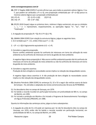 www.cursoagoraeupasso.com.br
Raciocínio Lógico 29 Prof Weber Campos
49. (TRT 1ª Região 2008 CESPE) É correto afirmar que, para todos os possíveis valores lógicos, V ou
F, que podem ser atribuídos a P e a Q, uma proposição simbolizada por ¬[P(¬Q)] possui os
mesmos valores lógicos que a proposição simbolizada por
(A) (¬P)Q. (C) ¬[(¬P)(¬Q)]. (E)) PQ.
(B) (¬Q)P. (D) ¬[¬(PQ)].
50. (PC/ES 2010 Cespe) Julgue os próximos itens, relativos à lógica sentencial, em que os símbolos
, , ~ e  representam, respectivamente, as operações lógicas “e”, “ou”, “não” e
“implicação”.
1. A negação da proposição (P~Q)R é (~PQ)(~R).
51. (IBAMA 2004 CESPE) Com relação às estruturas lógicas, julgue os seguintes itens.
1. Se é verdade que P  Q , então é falso que P  (¬ Q).
2. ¬ (P  (¬ Q)) é logicamente equivalente à Q  (¬P).
3. Considere a seguinte proposição.
Ocorre conflito ambiental quando há confronto de interesses em torno da utilização do meio
ambiente ou há confronto de interesses em torno da gestão do meio ambiente.
A negativa lógica dessa proposição é: Não ocorre conflito ambiental quando não há confronto de
interesses em torno da utilização do meio ambiente ou não há confronto de interesses em torno
da gestão do meio ambiente.
4. Considere a seguinte assertiva.
Produção de bens dirigida às necessidades sociais implica na redução das desigualdades sociais.
A negativa lógica dessa assertiva é: A não produção de bens dirigida às necessidades sociais
implica na não redução das desigualdades sociais.
52. (Analista Petrobrás 2004 CESPE) As sentenças S1, S2 e S3 a seguir são notícias acerca da bacia
de Campos – RJ, extraídas e adaptadas da revista comemorativa dos 50 anos da PETROBRAS.
S1: Foi descoberto óleo no campo de Garoupa, em 1974.
S2: Foi batido o recorde mundial em perfuração horizontal, em profundidade de 905 m, no campo
de Marlim, em 1995.
S3: Foi iniciada a produção em Moréia e foi iniciado o Programa de Desenvolvimento Tecnológico
em Águas Profundas (PROCAP), em 1986.
Quanto às informações das sentenças acima, julgue os itens subseqüentes.
1. A negação da união de S1 e S2 pode ser expressa por: Se não foi descoberto óleo no campo de
Garoupa, em 1974, então não foi batido o recorde mundial em perfuração horizontal, em
profundidade de 905 m, no campo de Marlim, em 1995.
 
