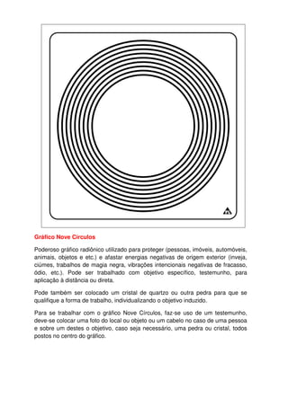 Gráfico Nove Círculos
Poderoso gráfico radiônico utilizado para proteger (pessoas, imóveis, automóveis,
animais, objetos e etc.) e afastar energias negativas de origem exterior (inveja,
ciúmes, trabalhos de magia negra, vibrações intencionais negativas de fracasso,
ódio, etc.). Pode ser trabalhado com objetivo específico, testemunho, para
aplicação à distância ou direta.
Pode também ser colocado um cristal de quartzo ou outra pedra para que se
qualifique a forma de trabalho, individualizando o objetivo induzido.
Para se trabalhar com o gráfico Nove Círculos, faz-se uso de um testemunho,
deve-se colocar uma foto do local ou objeto ou um cabelo no caso de uma pessoa
e sobre um destes o objetivo, caso seja necessário, uma pedra ou cristal, todos
postos no centro do gráfico.
 