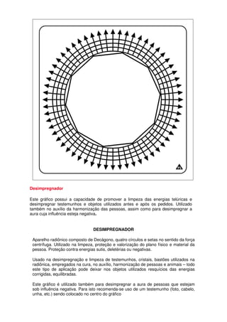 Desimpregnador
Este gráfico possui a capacidade de promover a limpeza das energias telúricas e
desimpregnar testemunhos e objetos utilizados antes e após os pedidos. Utilizado
também no auxílio da harmonização das pessoas, assim como para desimpregnar a
aura cuja influência esteja negativa.
DESIMPREGNADOR
Aparelho radiônico composto de Decágono, quatro círculos e setas no sentido da força
centrífuga. Utilizado na limpeza, proteção e valorização do plano físico e material da
pessoa. Proteção contra energias sutis, deletérias ou negativas.
Usado na desimpregnação e limpeza de testemunhos, cristais, bastões utilizados na
radiônica, empregados na cura, no auxílio, harmonização de pessoas e animais – todo
este tipo de aplicação pode deixar nos objetos utilizados resquícios das energias
corrigidas, equilibradas.
Este gráfico é utilizado também para desimpregnar a aura de pessoas que estejam
sob influência negativa. Para isto recomenda-se uso de um testemunho (foto, cabelo,
unha, etc.) sendo colocado no centro do gráfico
 