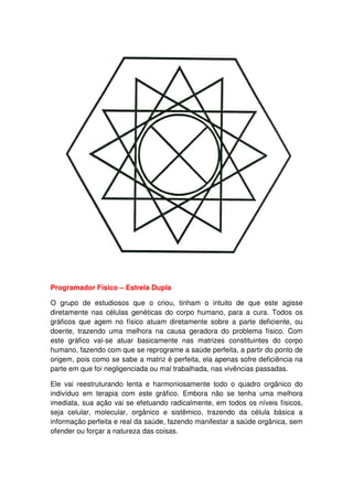 Programador Físico – Estrela Dupla
O grupo de estudiosos que o criou, tinham o intuito de que este agisse
diretamente nas células genéticas do corpo humano, para a cura. Todos os
gráficos que agem no físico atuam diretamente sobre a parte deficiente, ou
doente, trazendo uma melhora na causa geradora do problema físico. Com
este gráfico vai-se atuar basicamente nas matrizes constituintes do corpo
humano, fazendo com que se reprograme a saúde perfeita, a partir do ponto de
origem, pois como se sabe a matriz é perfeita, ela apenas sofre deficiência na
parte em que foi negligenciada ou mal trabalhada, nas vivências passadas.
Ele vai reestruturando lenta e harmoniosamente todo o quadro orgânico do
indivíduo em terapia com este gráfico. Embora não se tenha uma melhora
imediata, sua ação vai se efetuando radicalmente, em todos os níveis físicos,
seja celular, molecular, orgânico e sistêmico, trazendo da célula básica a
informação perfeita e real da saúde, fazendo manifestar a saúde orgânica, sem
ofender ou forçar a natureza das coisas.
 