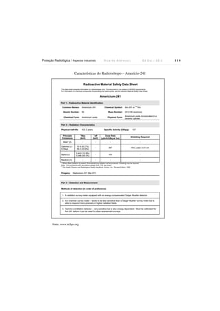 Proteção Radiológica / Aspectos Industriais

Ricardo Andreucci

Ed Out./ 2012

Características do Radioisótopo – Amerício-241

fonte: www.nchps.org

114

 