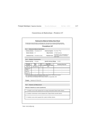 Proteção Radiológica / Aspectos Industriais

Ricardo Andreucci

Ed Out./ 2012

Características do Radioisótopo – Promécio-147

fonte: www.nchps.org

117

 