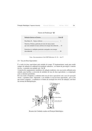 Proteção Radiológica / Aspectos Industriais

Ricardo Andreucci

Ed Out./ 2012

16

Fatores de Ponderação “Q”
Radiação Interna ou Externa

Fator Q

Para Raios X , Gama e elétrons .............................................

1

Neutrons, Prótons, partículas de resto de massa maior
que uma unidade de massa atômica de energia desconhecida .... 10
Partículas α e múltiplas partículas carregadas com energia
desconhecida ............................................................................ 20

Fonte: Recommendation of the ICRP Publication Nr. 26 - Jan./77

2.8 Taxa de Dose Equivalente :
É a razão da dose equivalente pela unidade de tempo. É freqüentemente usada para medir
campos de radiação no ambiente da instalação radioativa , no intuito de prevenção e controle
da dose , e portanto sua unidade será: Sv / h
A maioria dos equipamentos medidores de radiação modernos, tem sua escala calibrada nesta
unidade, para facilitar a conversão de unidades de taxa de dose equivalente e a comparação
com os máximos permitidos.
Por esta razão é freqüente a confusão entre taxa de dose equivalente com taxa de exposição
Assim , a grandeza mais importante a ser medida é a taxa de dose equivalente , pois é esta
que iremos comparar , e estabelecer os limites de aceitação dos níveis de radiação, com base
nas normas de Radioproteção.

Resumo das Unidades usadas em Proteção Radiológica

 