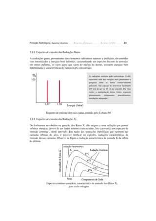 Proteção Radiológica / Aspectos Industriais

Ricardo Andreucci

Ed Out./ 2012

20

3.1.1 Espectro de emissão das Radiações Gama.
As radiações gama, provenientes dos elementos radioativos naturais e artificiais, são emitidas
com intensidades e energias bem definidas, caracterizando um espectro discreto de emissão,
em outras palavras, os raios gama que saem do núcleo do átomo, possuem energias bem
determinadas e características do radioisótopo considerado.

%

As radiações emitidas pelo radioisótopo Co-60,
representa uma das energias mais penetrantes e
perigosas entre as fontes comercialmente
utilizadas. São capazes de atravessar facilmente
100 mm de aço ou 60 cm de concreto. Por estas
razões a manipulação destas fontes requerem
planejamento,
treinamento,
procedimentos,
instalações adequadas .

100

1,17

1,33

Energia ( MeV)

Espectro de emissão dos raios gama, emitido pelo Cobalto-60
3.1.2 Espectro de emissão das Radiações X.
Os fenômenos envolvidos na geração dos Raios X, dão origem a uma radiação que possui
infinitas energias, dentro de um limite mínimo e um máximo. Isto caracteriza um espectro de
emissão contínua , neste intervalo. Em razão das transições eletrônicas que ocorrem nas
camadas orbitais do alvo, é possível verificar no espectro, radiações características de
emissão dessas camadas. Observe na figura a radiação característica da camada K da órbita
do elétron.

Espectro contínuo completo, característico de emissão dos Raios X,
para cada voltagem

 
