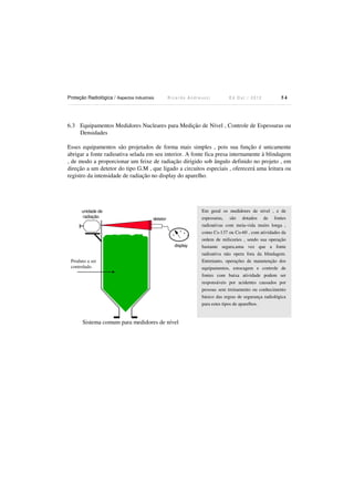 Proteção Radiológica / Aspectos Industriais

Ricardo Andreucci

Ed Out./ 2012

54

6.3 Equipamentos Medidores Nucleares para Medição de Nível , Controle de Espessuras ou
Densidades
Esses equipamentos são projetados de forma mais simples , pois sua função é unicamente
abrigar a fonte radioativa selada em seu interior. A fonte fica presa internamente à blindagem
, de modo a proporcionar um feixe de radiação dirigido sob ângulo definido no projeto , em
direção a um detetor do tipo G.M , que ligado a circuitos especiais , oferecerá uma leitura ou
registro da intensidade de radiação no display do aparelho.

unidade de
radiação

detetor

.

. ..
.
display

Produto a ser
controlado

Sistema comum para medidores de nível

Em geral os medidores de nível , e de
espessuras, são dotados de fontes
radioativas com meia-vida muito longa ,
como Cs-137 ou Co-60 , com atividades da
ordem de milicuries , sendo sua operação
bastante segura,uma vez que a fonte
radioativa não opera fora da blindagem.
Entretanto, operações de manutenção dos
equipamentos, estocagem e controle de
fontes com baixa atividade podem ser
responsáveis por acidentes causados por
pessoas sem treinamento ou conhecimento
básico das regras de segurança radiológica
para estes tipos de aparelhos.

 