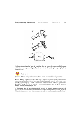 Proteção Radiológica / Aspectos Industriais

Ricardo Andreucci

Ed Out./ 2012

97

Se for necessário trabalhar perto do irradiador, deve ser observado as recomendações para
minimizar a exposição radiológica. Depois da fonte recolhida o tampão de proteção, deve
ser recolocado.

Situação 4
Sintoma: A fonte está aparentemente recolhida mas no entanto existe radiação na área.
Causa: A fonte, ao retomar ao irradiador, sofre o impacto do "tarugo" que faz o travamento
da mesma na fechadura. Após diversas exposições, o engate da fonte se quebra, não sendo
percebido pelo operador. Quando o mesmo vai expor novamente, a fonte é "empurrada"
pelo cabo de aço flexível do controle. No retorno, somente o cabo de aço do controle
retoma, deixando a fonte no tubo guia.
A constatação pode ser através da leitura do monitor ou medidor de radiação que deverá
indicar ou não o recolhimento da fonte em caso de dúvida, uma verificação dupla pode ser
feita, desengatando-se o cabo de controle e observando-se visualmente a ausência da fonte,

 