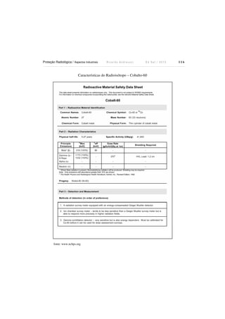 Proteção Radiológica / Aspectos Industriais R i c a r d o A n d r e u c c i E d S e t . / 2 0 1 3 1 1 6
Características do Radioisótopo – Cobalto-60
fonte: www.nchps.org
 