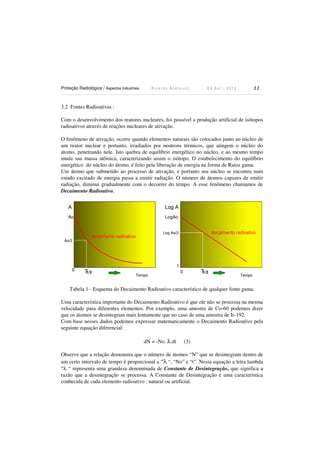 Proteção Radiológica / Aspectos Industriais R i c a r d o A n d r e u c c i E d S e t . / 2 0 1 3 2 2
3.2 Fontes Radioativas :
Com o desenvolvimento dos reatores nucleares, foi possível a produção artificial de isótopos
radioativos através de reações nucleares de ativação.
O fenômeno de ativação, ocorre quando elementos naturais são colocados junto ao núcleo de
um reator nuclear e portanto, irradiados por neutrons térmicos, que atingem o núcleo do
átomo, penetrando nele. Isto quebra de equilíbrio energético no núcleo, e ao mesmo tempo
muda sua massa atômica, caracterizando assim o isótopo. O estabelecimento do equilíbrio
energético do núcleo do átomo, é feito pela liberação de energia na forma de Raios gama.
Um átomo que submetido ao processo de ativação, e portanto seu núcleo se encontra num
estado excitado de energia passa a emitir radiação. O número de átomos capazes de emitir
radiação, diminui gradualmente com o decorrer do tempo. A esse fenômeno chamamos de
Decaimento Radioativo.
Tempo
A
decaimento radioativo
Ao
Tempo
Log A
LogAo
0
1
0
decaimento radioativo
Ao/2
T1/2 1/2T
Log Ao/2
Tabela 1 - Esquema do Decaimento Radioativo característico de qualquer fonte gama.
Uma característica importante do Decaimento Radioativo é que ele não se processa na mesma
velocidade para diferentes elementos. Por exemplo, uma amostra de Co-60 podemos dizer
que os átomos se desintegram mais lentamente que no caso de uma amostra de Ir-192.
Com base nesses dados podemos expressar matematicamente o Decaimento Radioativo pela
seguinte equação diferencial:
dN = -No. λ.dt (3)
Observe que a relação demonstra que o número de átomos “N” que se desintegram dentro de
um certo intervalo de tempo é proporcional a “λ “, “No” e “t”. Nessa equação a letra lambda
“λ “ representa uma grandeza denominada de Constante de Desintegração, que significa a
razão que a desintegração se processa. A Constante de Desintegração é uma característica
conhecida de cada elemento radioativo , natural ou artificial.
 