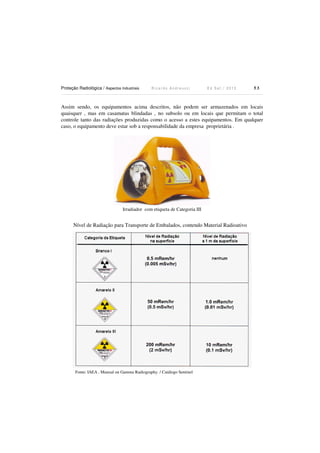 Proteção Radiológica / Aspectos Industriais R i c a r d o A n d r e u c c i E d S e t . / 2 0 1 3 5 3
Assim sendo, os equipamentos acima descritos, não podem ser armazenados em locais
quaisquer , mas em casamatas blindadas , no subsolo ou em locais que permitam o total
controle tanto das radiações produzidas como o acesso a estes equipamentos. Em qualquer
caso, o equipamento deve estar sob a responsabilidade da empresa proprietária .
Irradiador com etiqueta de Categoria III
Nível de Radiação para Transporte de Embalados, contendo Material Radioativo
Fonte: IAEA , Manual on Gamma Radiography. / Catálogo Sentinel
 