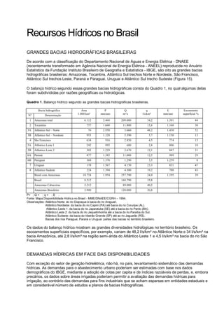 Recursos Hídricos no Brasil
GRANDES BACIAS HIDROGRÁFICAS BRASILEIRAS
De acordo com a classificação do Departamento Nacional de Águas e Energia Elétrica - DNAEE
(recentemente transformado em Agência Nacional de Energia Elétrica - ANEEL) reproduzida no Anuário
Estatístico da Fundação Instituto Brasileiro de Geografia e Estatística - IBGE, são oito as grandes bacias
hidrográficas brasileiras: Amazonas, Tocantins, Atlântico Sul trechos Norte e Nordeste, São Francisco,
Atlântico Sul trechos Leste, Paraná e Paraguai, Uruguai e Atlântico Sul trecho Sudeste (Figura 15).

O balanço hídrico segundo essas grandes bacias hidrográficas consta do Quadro 1, no qual algumas delas
foram subdivididas por razões geográficas ou hidrológicas.

Quadro 1. Balanço hídrico segundo as grandes bacias hidrográficas brasileiras.

         Bacia hidrográfica               Área             P                Q                 q          E        Escoamento
 Nº             Denominação            1.000 km²         mm/ano            m³/s           l/s/km²      mm/ano    superficial %

  1   Amazonas total                         6.112         2.460         209.000              34,2       1.381            44
  2   Tocantins                               757          1.660           11.800             15,6       1.168            30
3A    Atlântico Sul – Norte                     76         2.950            3.660             48,2       1.430            52
3B    Atlântico Sul – Nordeste                953          1.328            5.390              5,7       1.150            13
  4   São Francisco                           634            916            2.850              4,5        774             15
5A    Atlântico Leste 1                       242            895              680              2,8        806             10
5B    Atlântico Leste 2                       303          1.229            3.670             12,1        847             31
6A    Paraná                                  877          1.385           11.000             12,5        989             29
6B    Paraguai                                368          1.370            1.290              3,5       1.259              8
  7   Uruguai                                 178          1.567            4.150             23,3        831             47
  8   Atlântico Sudeste                       224          1.394            4.300             19,2        788             43
      Brasil com Amazonas                  10.724          1.954         257.790              24,0       1.195            39
      Brasil                                 8.512                       168.790              19,8
      Amazonas Cabeceiras                    2.212                         89.000             40,2
      Amazonas Brasileiro                    3.900                       120.000              30,8
P= ; Q = ; q = ; E .
Fonte: Mapa Disponibilidade Hídrica no Brasil - MME/DNAEE/CGRH – 1994.
Observações: Atlântico Norte: do rio Oiapoque à bacia do rio Araguari.
             Atlântico Nordeste: da bacia do rio Capim (PA) até bacia do rio Coruripe (AL).
              Atlântico Leste 1: da bacia do rio Japaratuba (SE) até a bacia do rio Pardo (BA).
             Atlântico Leste 2: da bacia do rio Jequetinhonha até a bacia do rio Paraíba do Sul.
             Atlântico Sudeste: da bacia do ribeirão Grande (SP) até ao rio Jaguarão (RS).
             Bacias dos rios Paraguai, Paraná e Uruguai: partes das bacias no território brasileiro.

Os dados do balanço hídrico mostram as grandes diversidades hidrológicas no território brasileiro. Os
escoamentos superficiais específicos, por exemplo, variam de 48,2 l/s/km² no Atlântico Norte e 34 l/s/km² na
bacia Amazônica, até 2,8 l/s/km² na região semi-árida do Atlântico Leste 1 e 4,5 l/s/km² na bacia do rio São
Francisco.


DEMANDAS HÍDRICAS EM FACE DAS DISPONIBILIDADES
Com exceção do setor de geração hidrelétrica, não há, no país, levantamento sistemático das demandas
hídricas. As demandas para o abastecimento urbano poderiam ser estimadas com base nos dados
demográficos do IBGE, mediante a adoção de cotas per capita e de índices razoáveis de perdas, e, embora
precários, os dados sobre áreas irrigadas poderiam permitir a avaliação das demandas hídricas para
irrigação, ao contrário das demandas para fins industriais que se acham esparsas em entidades estaduais e
em considerável número de estudos e planos de bacias hidrográficas.
 