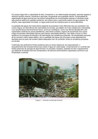 Os corpos d’água têm a capacidade de diluir, transportar e, em determinadas situações, assimilar esgotos e
resíduos líquidos urbanos, industriais e agrícolas, recuperando sua qualidade natural. A propriedade de
regeneração da água permite que nas bacias hidrográficas de concentrações urbanas e industriais ainda
seja possível obtê-la em padrões aceitáveis, até mesmo para o suprimento público de água potável. No
entanto, essa capacidade é limitada, e a água pode tornar-se imprópria para os usos pretendidos.

A qualidade das águas dos reservatórios depende de processos muito diferentes dos que acontecem nos
cursos d’água, em decorrência das velocidades envolvidas, que afetam de modo substancial a intensidade
e as características dos fenômenos físicos, químicos e biológicos. Como nas últimas décadas têm sido
implantadas centenas de usinas hidrelétricas, está sendo mudado o regime de escoamento dos corpos
d’água de grandes velocidades (lóticos) para baixas velocidades (lênticos). Isso afeta a fauna e a flora
aquática e os processos de diluição e de assimilação das substâncias poluentes. Há necessidade premente
de se conhecer melhor esses efeitos, pois a qualidade das águas dos principais cursos dependerá de
decisões para as quais não existem dados adequados nem se conhecem ainda os complexos processos
envolvidos.

A definição dos parâmetros limites aceitáveis para as várias classes de uso preponderante, o
enquadramento dos diversos trechos dos corpos d’ água em cada classe, o licenciamento e o controle das
fontes potenciais de poluição da água formam um processo complexo, baseado em leis e regulamentos,
que depende de estudos técnicos complicados e de estrutura administrativa capacitada a promover sua
fiscalização e controle.




                               Figura 5 – Poluição na Baixada Santista
 