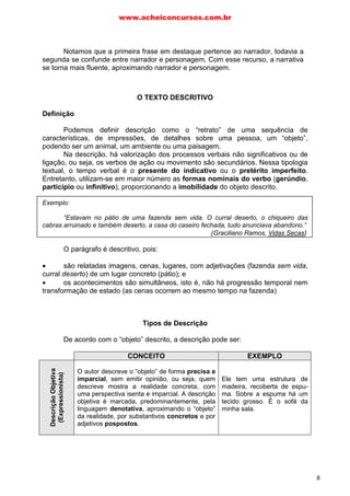 CONCEITO EXEMPLO
DescriçãoObjetiva
(Expressionista)
O autor descreve o “objeto” de forma precisa e
imparcial, sem emitir opinião, ou seja, quem
descreve mostra a realidade concreta, com
uma perspectiva isenta e imparcial. A descrição
objetiva é marcada, predominantemente, pela
linguagem denotativa, aproximando o “objeto”
da realidade, por substantivos concretos e por
adjetivos pospostos.
Ele tem uma estrutura de
madeira, recoberta de espu-
ma. Sobre a espuma há um
tecido grosso. É o sofá da
minha sala.
Notamos que a primeira frase em destaque pertence ao narrador, todavia a
segunda se confunde entre narrador e personagem. Com esse recurso, a narrativa
se torna mais fluente, aproximando narrador e personagem.
O TEXTO DESCRITIVO
Definição
Podemos definir descrição como o “retrato” de uma sequência de
características, de impressões, de detalhes sobre uma pessoa, um “objeto”,
podendo ser um animal, um ambiente ou uma paisagem.
Na descrição, há valorização dos processos verbais não significativos ou de
ligação, ou seja, os verbos de ação ou movimento são secundários. Nessa tipologia
textual, o tempo verbal é o presente do indicativo ou o pretérito imperfeito.
Entretanto, utilizam-se em maior número as formas nominais do verbo (gerúndio,
particípio ou infinitivo), proporcionando a imobilidade do objeto descrito.
Exemplo:
“Estavam no pátio de uma fazenda sem vida. O curral deserto, o chiqueiro das
cabras arruinado e também deserto, a casa do caseiro fechada, tudo anunciava abandono.”
(Graciliano Ramos, Vidas Secas)
O parágrafo é descritivo, pois:
• são relatadas imagens, cenas, lugares, com adjetivações (fazenda sem vida,
curral deserto) de um lugar concreto (pátio); e
• os acontecimentos são simultâneos, isto é, não há progressão temporal nem
transformação de estado (as cenas ocorrem ao mesmo tempo na fazenda)
Tipos de Descrição
De acordo com o “objeto” descrito, a descrição pode ser:
www.acheiconcursos.com.br
8
 