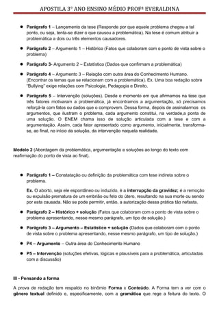 APOSTILA 3° ANO ENSINO MÉDIO PROFª EVERALDINA
 Parágrafo 1 – Lançamento da tese (Responde por que aquele problema chegou a tal
ponto, ou seja, tenta-se dizer o que causou a problemática). Na tese é comum atribuir a
problemática a dois ou três elementos causadores.
 Parágrafo 2 – Argumento 1 – Histórico (Fatos que colaboram com o ponto de vista sobre o
problema)
 Parágrafo 3- Argumento 2 – Estatístico (Dados que confirmam a problemática)
 Parágrafo 4 – Argumento 3 – Relação com outra área do Conhecimento Humano.
(Encontrar os temas que se relacionam com a problemática). Ex. Uma boa redação sobre
“Bullying” exige relações com Psicologia, Pedagogia e Direito.
 Parágrafo 5 – Intervenção (soluções). Desde o momento em que afirmamos na tese que
três fatores motivaram a problemática, já encontramos a argumentação, só precisamos
reforçá-la com fatos ou dados que o comprovem. Dessa forma, depois de assinalarmos os
argumentos, que ilustram o problema, cada argumento constitui, na verdade,a ponta de
uma solução. O ENEM chama isso de solução articulada com a tese e com a
argumentação. Assim, cada fator apresentado como argumento, inicialmente, transforma-
se, ao final, no início da solução, da intervenção naquela realidade.
Modelo 2 (Abordagem da problemática, argumentação e soluções ao longo do texto com
reafirmação do ponto de vista ao final).
 Parágrafo 1 – Constatação ou definição da problemática com tese indireta sobre o
problema.
Ex. O aborto, seja ele espontâneo ou induzido, é a interrupção da gravidez; é a remoção
ou expulsão prematura de um embrião ou feto do útero, resultando na sua morte ou sendo
por esta causada. Não se pode permitir, então, a autorização dessa prática tão nefasta.
 Parágrafo 2 – Histórico + solução (Fatos que colaboram com o ponto de vista sobre o
problema apresentando, nesse mesmo parágrafo, um tipo de solução.)
 Parágrafo 3 – Argumento – Estatístico + solução (Dados que colaboram com o ponto
de vista sobre o problema apresentando, nesse mesmo parágrafo, um tipo de solução.)
 P4 – Argumento – Outra área do Conhecimento Humano
 P5 – Intervenção (soluções efetivas, lógicas e plausíveis para a problemática, articuladas
com a discussão)
III - Pensando a forma
A prova de redação tem respaldo no binômio Forma x Conteúdo. A Forma tem a ver com o
gênero textual definido e, especificamente, com a gramática que rege a feitura do texto. O
 