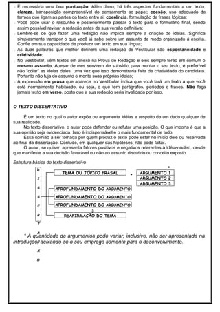•• É necessária uma boa pontuação. Além disso, há três aspectos fundamentais a um texto:
clareza, transposição compreensível do pensamento ao papel; coesão, uso adequado de
termos que ligam as partes do texto entre si; coerência, formulação de frases lógicas;
•• Você pode usar o rascunho e posteriormente passar o texto para o formulário final, sendo
assim possível revisar a redação antes de sua versão definitiva;
•• Lembre-se de que fazer uma redação não implica sempre a criação de ideias. Significa
simplesmente transpor o que você já sabe sobre um assunto de modo organizado à escrita.
Confie em sua capacidade de produzir um texto em sua língua;
•• As duas palavras que melhor definem uma redação de Vestibular são espontaneidade e
criatividade;
•• No Vestibular, vêm textos em anexo na Prova de Redação e eles sempre terão em comum o
mesmo assunto. Apesar de eles servirem de subsídio para montar o seu texto, é preferível
não "colar" as ideias deles, uma vez que isso demonstraria falta de criatividade do candidato.
Portanto não fuja do assunto e monte suas próprias ideias;
•• A expressão em prosa que aparece no Vestibular indica que você fará um texto a que você
está normalmente habituado, ou seja, o que tem parágrafos, períodos e frases. Não faça
jamais texto em verso, posto que a sua redação seria invalidada por isso.
O TEXTO DISSERTATIVO
É um texto no qual o autor expõe ou argumenta idéias a respeito de um dado qualquer de
sua realidade.
No texto dissertativo, o autor pode defender ou refutar uma posição. O que importa é que a
sua opinião seja evidenciada. Isso é indispensável e o mais fundamental de tudo.
Essa opinião a ser tomada por quem produz o texto pode estar no início dele ou reservada
ao final da dissertação. Contudo, em qualquer das hipóteses, não pode faltar.
O autor, se quiser, apresenta fatores positivos e negativos referentes à idéia-núcleo, desde
que manifeste a sua decisão favorável ou não ao assunto discutido ou conceito exposto.
Estrutura básica do texto dissertativo
* A quantidade de argumentos pode variar, inclusive, não ser apresentada na
introdução, deixando-se o seu emprego somente para o desenvolvimento.
*D
I
S
S
E
R
T
A
Ç
Ã
O
TEMA OU TÓPICO FRASAL ARGUMENTO 1
ARGUMENTO 2
ARGUMENTO 3
APROFUNDAMENTO DO ARGUMENTO
1
APROFUNDAMENTO DO ARGUMENTO
2
APROFUNDAMENTO DO ARGUMENTO
3
REAFIRMAÇÃO DO TEMA
+
 