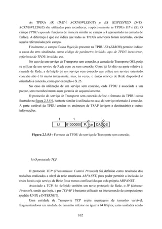 As TPDUs AK (DATA ACKNOWLEDGE) e EA (EXPEDITED DATA
ACKNOWLEDGE) são utilizadas para reconhecer, respectivamente as TPDUs DT e ED. O
campo TPDU esperada funciona de maneira similar ao campo ack apresentado na camada de
Enlace. A diferença é que ele indica que todas as TPDUs anteriores foram recebidas, exceto
aquela referenciada pelo campo.
        Finalmente, o campo Causa Rejeição presente na TPDU ER (ERROR) permite indicar
a causa do erro sinalizado, como código de parâmetro inválido, tipo de TPDU inexistente,
referência de TPDU inválida, etc.
        No caso de um serviço de Transporte sem conexão, a camada de Transporte OSI, pode
se utilizar de um serviço de Rede com ou sem conexão. Como já foi dito na parte relativa à
camada de Rede, a definição de um serviço sem conexão que utilize um serviço orientado
conexão não é lá muito interessante, mas, às vezes, o único serviço de Rede disponível é
orientado à conexão, como por exemplo o X.25.
        No caso da utilização de um serviço sem conexão, cada TPDU é associada a um
pacote, sem reconhecimento nem garantia de sequenciamento.
        O protocolo do serviço de Transporte sem conexão define o formato da TPDU como
ilustrado na figura 2.3.5.9, bastante similar à utilizada no caso do serviço orientado à conexão.
A parte variável da TPDU conduz os endereços de TSAP (origem e destinatário) e outras
informações.

                              1           1
                             LI     01000000 P. Var DADOS


          Figura 2.3.5.9 - Formato da TPDU do serviço de Transporte sem conexão.




         b) O protocolo TCP


        O protocolo TCP (Transmission Control Protocol) foi definido como resultado dos
trabalhos realizados a nível da rede americana ARPANET, para poder permitir a inclusão de
redes locais cujo serviço de Rede fosse menos confiável do que o da própria ARPANET.
        Associado a TCP, foi definido também um novo protocolo de Rede, o IP (Internet
Protocol), sendo que hoje, o par TCP/IP é bastante utilizado na interconexão de computadores
(padrão UNIX e INTERNET).
        Uma entidade de Transporte TCP aceita mensagens de tamanho variável,
fragmentando-as em unidade de tamanho inferior ou igual a 64 Kbytes, estas unidades sendo


                                              102
 