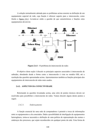 A solução normalmente adotada para os problemas acima consiste na definição de um
equipamento especial de rede, cuja função é oferecer suporte para a interconexão, como
ilustra a figura 2.4.1. Levanta-se então a questão de que características e funções estes
equipamentos devem ter.




                    Figura 2.4.1 - O problema de interconexão de redes


       O objetivo desta seção é discutir os principais aspectos associados à interconexão de
subredes, abordando desde a forma como a interconexão é vista no modelo OSI, até a
resolução das questões apresentadas acima. Apresentaremos também as funções principais dos
equipamentos de interconexão de redes mais usados.


     2.4.2. ASPECTOS DA CONECTIVIDADE


        Retornando às questões levantadas acima, uma série de pontos técnicos devem ser
resolvidos para possibilitar a interconexão de redes. Vamos discutir alguns destes pontos a
seguir.


        2.4.2.1.      Endereçamento


        A função essencial de uma rede de computadores é permitir a troca de informações
entre os equipamentos a ela conectados. Dada a possibilidade de interligação de equipamentos
heterogêneos, torna-se necessária a definição de uma política de representação dos nomes e
endereços dos processos, que sejam reconhecidos em qualquer ponto da rede. Uma forma de


                                           148
 