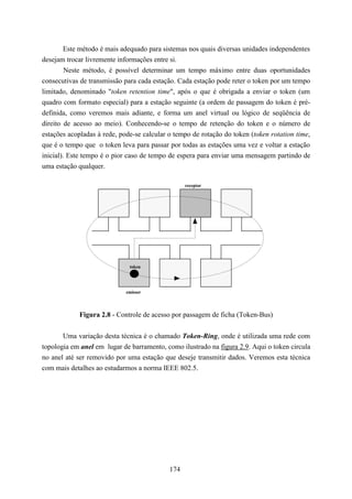 Este método é mais adequado para sistemas nos quais diversas unidades independentes
desejam trocar livremente informações entre si.
         Neste método, é possível determinar um tempo máximo entre duas oportunidades
consecutivas de transmissão para cada estação. Cada estação pode reter o token por um tempo
limitado, denominado "token retention time", após o que é obrigada a enviar o token (um
quadro com formato especial) para a estação seguinte (a ordem de passagem do token é pré-
definida, como veremos mais adiante, e forma um anel virtual ou lógico de seqüência de
direito de acesso ao meio). Conhecendo-se o tempo de retenção do token e o número de
estações acopladas à rede, pode-se calcular o tempo de rotação do token (token rotation time,
que é o tempo que o token leva para passar por todas as estações uma vez e voltar a estação
inicial). Este tempo é o pior caso de tempo de espera para enviar uma mensagem partindo de
uma estação qualquer.

                                                  receptor




                              token




                             emissor



            Figura 2.8 - Controle de acesso por passagem de ficha (Token-Bus)


       Uma variação desta técnica é o chamado Token-Ring, onde é utilizada uma rede com
topologia em anel em lugar de barramento, como ilustrado na figura 2.9. Aqui o token circula
no anel até ser removido por uma estação que deseje transmitir dados. Veremos esta técnica
com mais detalhes ao estudarmos a norma IEEE 802.5.




                                            174
 