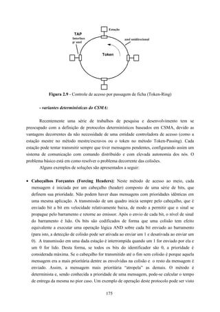 Estação
                          TAP
                         Interface                      anel unidirecional
                         p/ anel


                                          Token




            Figura 2.9 - Controle de acesso por passagem de ficha (Token-Ring)


       - variantes determinísticas do CSMA:

       Recentemente uma série de trabalhos de pesquisa e desenvolvimento tem se
preocupado com a definição de protocolos determinísticos baseados em CSMA, devido as
vantagens decorrentes da não necessidade de uma entidade controladora de acesso (como a
estação mestre no método mestre/escravos ou o token no método Token-Passing). Cada
estação pode tentar transmitir sempre que tiver mensagens pendentes, configurando assim um
sistema de comunicação com comando distribuído e com elevada autonomia dos nós. O
problema básico está em como resolver o problema decorrente das colisões.
       Alguns exemplos de soluções são apresentados a seguir:


• Cabeçalhos Forçantes (Forcing Headers): Neste método de acesso ao meio, cada
  mensagem é iniciada por um cabeçalho (header) composto de uma série de bits, que
  definem sua prioridade. Não podem haver duas mensagens com prioridades idênticas em
  uma mesma aplicação. A transmissão de um quadro inicia sempre pelo cabeçalho, que é
  enviado bit a bit em velocidade relativamente baixa, de modo a permitir que o sinal se
  propague pelo barramento e retorne ao emissor. Após o envio de cada bit, o nível de sinal
  do barramento é lido. Os bits são codificados de forma que uma colisão tem efeito
  equivalente a executar uma operação lógica AND sobre cada bit enviado ao barramento
  (para isto, a detecção de colisão pode ser ativada ao enviar um 1 e desativada ao enviar um
  0). A transmissão em uma dada estação é interrompida quando um 1 for enviado por ela e
  um 0 for lido. Desta forma, se todos os bits do identificador são 0, a prioridade é
  considerada máxima. Se o cabeçalho for transmitido até o fim sem colisão é porque aquela
  mensagem era a mais prioritária dentre as envolvidas na colisão e o resto da mensagem é
  enviado. Assim, a mensagem mais prioritária “atropela” as demais. O método é
  determinista e, sendo conhecida a prioridade de uma mensagem, pode-se calcular o tempo
  de entrega da mesma no pior caso. Um exemplo de operação deste protocolo pode ser visto

                                            175
 