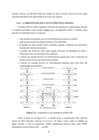 Sistemas Abertos ou RM-OSI (Reference Model for Open Systems Interconnection), cujos
conceitos principais serão apresentados nas seções que seguem.


     2.2.2. A ARQUITETURA OSI E AS FUNÇÕES DAS CAMADAS
       O modelo OSI foi criado seguindo a filosofia das arquiteturas multicamadas, descrita
no capítulo precedente. Como mostra a figura 2.2.1, sua arquitetura define 7 camadas, cujos
princípios de definição foram os seguintes:


      • cada camada corresponde a um nível de abstração necessário no modelo;
      • cada camada possui suas funções próprias e bem definidas;
      • as funções de cada camada foram escolhidas segundo a definição dos protocolos
        normalizados internacionalmente;
      • a escolha das fronteiras entre cada camada deveriam ser definidas de modo a
        minimizar o fluxo de informação nas interfaces;
      • o número de camadas deveria ser suficientemente grande para evitar a realização de
        funções muito diversas por uma mesma camada;
      • o número de camadas deveria ser suficientemente pequeno para evitar uma alta
        complexidade da arquitetura.
                                       Protocolo de Aplicação
          7    Aplicação                                                Aplicação     APDU



                                     Protocolo de Apresentação
          6   Apresentação                                             Apresentação   PPDU



                                        Protocolo de Sessão
          5     Sessão                                                   Sessão       SPDU



                                      Protocolo de Transporte
               Transporte                                               Transporte    TPDU
          4
                                              SUB-REDE


          3      Rede               Rede                      Rede        Rede        PACOTE

                                        protocolos internos
                                             da sub-rede
               Enlace de          Enlace de             Enlace de      Enlace de
                                                                                      QUADRO
          2     Dados              Dados                 Dados          Dados



          1      Física             Física                    Física      Física      BIT

                                    IMP                       IMP
              SISTEMA A                                                SISTEMA B
                                 IMP - Interface Message Processor



                  Figura 2.2.1 - Arquitetura a sete camadas do modelo OSI.

       Como se pode ver na figura 2.2.1, o modelo prevê a comunicação entre subredes
através de IMPs (Interface Message Processors). Na figura, vemos ainda as unidades de
dados trocadas a nível da arquitetura: APDU (Application Protocol Data Unit), PPDU
(Presentation Protocol Data Unit), ..., até BIT.

                                                 18
 