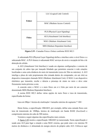 LLC (Logical Link Control)


                 Enlace
                                        MAC (Medium Access Control)



                                        PLS (Physical Layer Signaling)

                                        AUI (Attachment Unit Interface)
                  Física
                                       MAU (Medium Attachment Unit)

                                      MDI (Medium Dependent Interface)

                Figura 2.19 - Camadas Física e Enlace conforme IEEE 802.3

        A subcamada PLS (Physical Layer Signaling) define a interface entre o nível físico e a
subcamada MAC. A PLS fornece à subcamada MAC serviços de envio e recepção de bits e de
detecção de colisão.
        A AUI (Attachment Unit Interface) é usada em algumas configurações e consiste de
um conjunto de cabos tipo par trançado blindado que permitem conectar à rede estações
localizadas a uma certa distância do meio de transmissão (cerca de 50m no máximo). A AUI
interliga a placa de rede propriamente dita (situada dentro do computador, em um slot) ao
dispositivo transceptor chamado MAU (Medium Attachment Unit). O MAU é um dispositivo
eletrônico que transmite, recebe e detecta a presença de sinais no meio e deve estar
fisicamente muito próximo a este.
       A conexão entre o MAU e o meio físico em si é feito por meio de um conector
denominado MDI (Medium Dependent Interface).
       A norma IEEE 802.3 define várias opções de meio físico e taxa de transmissão,
especificadas da forma:


      <taxa em Mbps><técnica de sinalização><tamanho máximo do segmento * 100>


       Desta forma, a especificação 10BASE5, por exemplo, define uma camada física com
taxa de transmissão de 10Mbps, técnica de sinalização em banda BASE (baseband) e
comprimento máximo do cabo de 500 metros.
       Veremos a seguir algumas das especificações mais comuns.
       A figura 2.20 mostra a especificação 10BASE5 já mencionada. Nesta especificação é
usada uma AUI para ligar a estação a uma MAU externa, que pode estar a no máximo 50
metros de distância e é alimentada de energia através do próprio cabo AUI. Utiliza-se aqui

                                            192
 