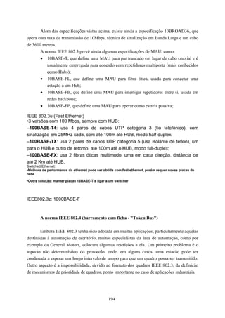 Além das especificações vistas acima, existe ainda a especificação 10BROAD36, que
opera com taxa de transmissão de 10Mbps, técnica de sinalização em Banda Larga e um cabo
de 3600 metros.
       A norma IEEE 802.3 prevê ainda algumas especificações de MAU, como:
       • 10BASE-T, que define uma MAU para par trançado em lugar de cabo coaxial e é
          usualmente empregada para conexão com repetidores multiporta (mais conhecidos
          como Hubs);
       • 10BASE-FL, que define uma MAU para fibra ótica, usada para conectar uma
          estação a um Hub;
       • 10BASE-FB, que define uma MAU para interligar repetidores entre si, usada em
          redes backbone;
       • 10BASE-FP, que define uma MAU para operar como estrela passiva;

IEEE 802.3u (Fast Ethernet)
•3 versões com 100 Mbps, sempre com HUB:
–100BASE-T4: usa 4 pares de cabos UTP categoria 3 (fio telefônico), com
sinalização em 25MHz cada, com até 100m até HUB, modo half-duplex.
–100BASE-TX: usa 2 pares de cabos UTP categoria 5 (usa isolante de teflon), um
para o HUB e outro de retorno, até 100m até o HUB, modo full-duplex;
–100BASE-FX: usa 2 fibras óticas multimodo, uma em cada direção, distância de
até 2 Km até HUB.
Switched Ethernet:
•Melhora de performance da ethernet pode ser obtida com fast ethernet, porém requer novas placas de
rede

•Outra solução: manter placas 10BASE-T e ligar a um switcher




IEEE802.3z: 1000BASE-F



        A norma IEEE 802.4 (barramento com ficha - "Token Bus")

       Embora IEEE 802.3 tenha sido adotada em muitas aplicações, particularmente aquelas
destinadas à automação de escritório, muitos especialistas da área de automação, como por
exemplo da General Motors, colocam algumas restrições a ela. Um primeiro problema é o
aspecto não determinístico do protocolo, onde, em alguns casos, uma estação pode ser
condenada a esperar um longo intervalo de tempo para que um quadro possa ser transmitido.
Outro aspecto é a impossibilidade, devido ao formato dos quadros IEEE 802.3, da definição
de mecanismos de prioridade de quadros, ponto importante no caso de aplicações industriais.




                                                194
 