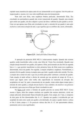 copiado numa memória de espera antes de ser retransmitido ao nó seguinte. Este bit pode ser
inspecionado e, mesmo, ter o seu valor modificado antes da retransmissão.
       Num anel com ficha, uma seqüência binária particular, denominada ficha, fica
circulando em permanência quando não existe transmissão de quadro. Quando uma estação
quer emitir um quadro, ela deve adquirir a posse da ficha e substituí-la pelo quadro a enviar.
Uma vez que apenas uma ficha está circulando no anel, a emissão de um quadro é uma ação
exclusiva a uma única estação do anel, o que significa que os conflitos são, assim, eliminados.

                                                   Estação

                       Repeater e
                       interface                             anel unidirecional
                       para anel




                         Figura 2.23 - Anel com ficha (Token-Ring)


       A operação do protocolo IEEE 802.5 é relativamente simples. Quando não existem
quadros sendo transferidos sobre a rede, uma ficha de 3 bytes fica circulando. Quando uma
estação deseja transmitir um quadro, ela captura a ficha, posicionando um dos bits do segundo
byte a 1, o que permite transformar os dois primeiros bytes da ficha numa nova seqüência,
denominada, início de quadro. Em seguida, a estação completa a seqüência. Normalmente, o
primeiro bit do quadro retorna à estação antes que todo o quadro tenha sido emitido. Por isto,
a estação deve extrair do anel o que ela já emitiu para poder continuar a emissão do quadro.
Cada estação só pode utilizar o direito de emissão por um período de tempo de 10 ms, a
menos que algum outro valor tenha sido especificado no momento da ativação dos
acopladores do anel. Se, após a transmissão de um quadro, restar ainda algum tempo para a
emissão de outro quadro, a estação deverá fazê-lo. Caso contrário, ela encerra o seu processo
de emissão e gera uma nova ficha que ficará circulando no anel.
       Na figura 2.24 vemos o formato do quadro previsto na norma IEEE 802.5. Como
mostra a figura, além dos campos similares aos quadros das normas anteriores, existe um
campo adicional, denominado Status (Estado) do quadro. Este campo, de 1 byte, é composto
de dois pares de bits denominados bits A e C. Quando um quadro é reconhecido por um
acoplador de rede como sendo um quadro a ele destinado, ele copia o quadro inteiro e coloca
os bits A deste campo a 1. Os possíveis valores dos bits A e C são apresentados abaixo,
juntamente com os seus significados:


                                             198
 