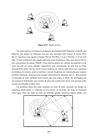 Figura 2.25 - Redes sem fio


     Tais redes operam em bandas de freqüência denominadas ISM (Industrial, Scientific and
Medical), que podem ser utilizadas sem que seja necessária uma licença. A norma IEEE
802.11 especifica como opções as bandas 902 até 928 MHz, 2.4 até 2.48 GHz e 5.75 até 5.85
GHz. O sinal emitido por uma estação operando nestas freqüências cobre uma área de 500 m2
com uma potência de apenas 100mW. Áreas maiores podem ser cobertas decompondo a rede
como um todo em várias subredes, responsáveis pela comunicação em uma área ou célula
chamada BSA (Basic Service Area). Como a potência do sinal de rádio decai com o quadrado
da distância do emissor, pode-se reutilizar a mesma freqüência de transmissão para estações
em BSAs diferentes, desde que estas estejam suficientemente distantes entre si. Para permitir
a construção de redes cobrindo áreas maiores que uma célula, as BSAs são interligadas por
um sistema de distribuição, que consiste de uma rede usando meio físico convencional (cabo
coaxial, par trançado ou fibra ótica).
      Um problema típico das redes baseadas em sinal de rádio operando nas bandas de
freqüência mencionadas é o chamado desvanecimento de Rayleigh, que pode ser explicado
como segue. Parte das ondas de rádio são refletidas quando encontram objetos sólidos. Em




                                            200
 