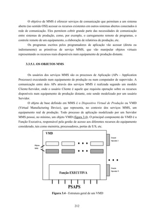 O objetivo de MMS é oferecer serviços de comunicação que permitam a um sistema
aberto (no sentido OSI) acessar os recursos existentes em outros sistemas abertos conectados à
rede de comunicação. Eles permitem cobrir grande parte das necessidades de comunicação
entre sistemas de produção, como, por exemplo, o carregamento remoto de programas, o
controle remoto de um equipamento, a elaboração de relatórios de produção, etc.
        Os programas escritos pelos programadores de aplicação vão acessar (direta ou
indiretamente) as primitivas de serviço MMS, que vão manipular objetos virtuais
representando os recursos reais disponíveis num equipamento de produção distante.


     3.3.5.1. OS OBJETOS MMS


       Os usuários dos serviços MMS são os processos de Aplicação (APs - Application
Processes) executando num equipamento de produção ou num computador de supervisão. A
comunicação entre dois APs através dos serviços MMS é realizada segundo um modelo
Cliente-Servidor, onde o usuário Cliente é aquele que requisita operação sobre os recursos
disponíveis num equipamento de produção distante, este sendo modelizado por um usuário
Servidor.
       O objeto de base definido em MMS é o Dispositivo Virtual de Produção ou VMD
(Virtual Manufacturing Device), que representa, no contexto dos serviços MMS, um
equipamento real de produção. Todo processo de aplicação modelizado por um Servidor
MMS possui, no mínimo, um objeto VMD (figura 3.4). O principal componente do VMD é a
Função Executiva, responsável pela gestão de acesso aos diferentes recursos do equipamento
considerado, tais como memória, processadores, portas de E/S, etc.

                      VMD
                                                                         Estação



            Objetos
                                               ...                       Operador 1



            MMS
                                               ...
                                                                       ...
                                                                         Estação
                                                                         Operador N
                                Função EXECUTIVA



                                       PSAPS
                          Figura 3.4 - Estrutura geral de um VMD



                                            212
 