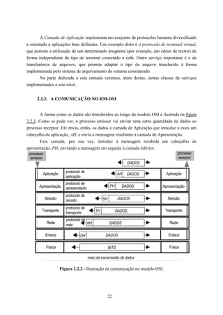 A Camada de Aplicação implementa um conjunto de protocolos bastante diversificado
e orientado a aplicações bem definidas. Um exemplo disto é o protocolo de terminal virtual,
que permite a utilização de um determinado programa (por exemplo, um editor de textos) de
forma independente do tipo de terminal conectado à rede. Outro serviço importante é o de
transferência de arquivos, que permite adaptar o tipo do arquivo transferido à forma
implementada pelo sistema de arquivamento do sistema considerado.
        Na parte dedicada a esta camada veremos, além destas, outras classes de serviços
implementados a este nível.


     2.2.3. A COMUNICAÇÃO NO RM-OSI


       A forma como os dados são transferidos ao longo do modelo OSI é ilustrada na figura
2.2.2. Como se pode ver, o processo emissor vai enviar uma certa quantidade de dados ao
processo receptor. Ele envia, então, os dados à camada de Aplicação que introduz a estes um
cabeçalho de aplicação, AH, e envia a mensagem resultante à camada de Apresentação.
       Esta camada, por sua vez, introduz à mensagem recebida um cabeçalho de
apresentação, PH, enviando a mensagem em seguida à camada inferior.
 processo                                                                             processo
 emissor                                                                              receptor
                                                                 DADOS

                        protocolo de
        Aplicação                                           AH   DADOS         Aplicação
                        aplicação
                        protocolo de
      Apresentação                                   PH      DADOS         Apresentação
                        apresentação
                        protocolo de
            Sessão      sessão                  SH          DADOS               Sessão

                        protocolo de
        Transporte                         TH             DADOS                Transporte
                        transporte
                        protocolo de
            Rede                     NH              DADOS                       Rede
                        rede

            Enlace               DH              DADOS                           Enlace

            Física                                   BITS                        Física

                                       meio de transmissão de dados

                     Figura 2.2.2 - Ilustração da comunicação no modelo OSI.




                                                  22
 