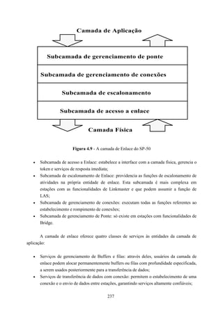 Camada de Aplicação



          Subcamada de gerenciamento de ponte


       Subcamada de gerenciamento de conexões


                  Subcamada de escalonamento


                 Subcamada de acesso a enlace


                                Camada Física


                        Figura 4.9 - A camada de Enlace do SP-50


   •   Subcamada de acesso a Enlace: estabelece a interface com a camada física, gerencia o
       token e serviços de resposta imediata;
   •   Subcamada de escalonamento de Enlace: providencia as funções de escalonamento de
       atividades na própria entidade de enlace. Esta subcamada é mais complexa em
       estações com as funcionalidades de Linkmaster e que podem assumir a função de
       LAS;
   •   Subcamada de gerenciamento de conexões: executam todas as funções referentes ao
       estabelecimento e rompimento de conexões;
   •   Subcamada de gerenciamento de Ponte: só existe em estações com funcionalidades de
       Bridge.


       A camada de enlace oferece quatro classes de serviços às entidades da camada de
aplicação:


   •   Serviços de gerenciamento de Buffers e filas: através deles, usuários da camada de
       enlace podem alocar permanentemente buffers ou filas com profundidade especificada,
       a serem usados posteriormente para a transferência de dados;
   •   Serviços de transferência de dados com conexão: permitem o estabelecimento de uma
       conexão e o envio de dados entre estações, garantindo serviços altamente confiáveis;

                                           237
 