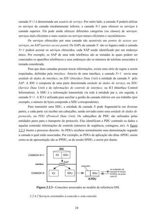 camada N+1 é denominada um usuário de serviço. Por outro lado, a camada N poderá utilizar
os serviços da camada imediatamente inferior, a camada N-1 para oferecer os serviços à
camada superior. Ela pode ainda oferecer diferentes categorias (ou classes) de serviços:
serviços mais eficientes e mais «caros» ou serviços menos eficientes e «econômicos».
        Os serviços oferecidos por uma camada são acessíveis em pontos de acesso aos
serviços, ou SAP (service access point). Os SAPs da camada N são os lugares onde a camada
N+1 poderá acessar os serviços oferecidos, cada SAP sendo identificado por um endereço
único. Por exemplo, os SAP de uma rede telefônica são as tomadas às quais podem ser
conectados os aparelhos telefônicos e seus endereços são os números de telefone associados à
tomada considerada.
        Para que duas camadas possam trocar informações, existe uma série de regras a serem
respeitadas, definidas pela interface. Através de uma interface, a camada N+1 envia uma
unidade de dados de interface, ou IDU (Interface Data Unit) à entidade da camada N pelo
SAP. A IDU é composta de uma parte denominada unidade de dados de serviço, ou SDU
(Service Data Unit) e de informações de controle de interface, ou ICI (Interface Control
Information). A SDU é a informação transmitida via rede à entidade par e, em seguida, à
camada N+1. A ICI é utilizada para auxiliar a gestão da camada inferior em seu trabalho (por
exemplo, o número de bytes compondo a SDU correspondente).
        Para transmitir uma SDU, a entidade da camada N pode fragmentá-la em diversas
partes, e cada parte vai receber um cabeçalho, sendo enviada como uma unidade de dados de
protocolo, ou PDU (Protocol Data Unit). Os cabeçalhos de PDU são utilizados pelas
entidades pares para o transporte do protocolo. Elas identificam a PDU contendo os dados e
aquelas contendo informações de controle (números de seqüência, contagens, etc). A figura
2.2.3 ilustra o processo descrito. As PDUs recebem normalmente uma denominação segundo
a camada à qual estão associadas. Por exemplo, as PDUs de aplicação são ditas APDU, assim
como as de apresentação são as PPDU, as de sessão SPDU, e assim por diante.

                                     IDU

       CAMADA N+1              ICI     SDU

                                       SAP
            interface
                                                      cabeçalho
                                                                        as entidades da
                                                                        camada N trocam
         CAMADA N        ICI               SDU                    SDU   N-PDUs via proto-
                                                                        colos N
                                                             N-PDU


             Figura 2.2.3 - Conceitos associados ao modelo de referência OSI.

        2.2.4.2 Serviços orientados à conexão e sem conexão


                                                 24
 