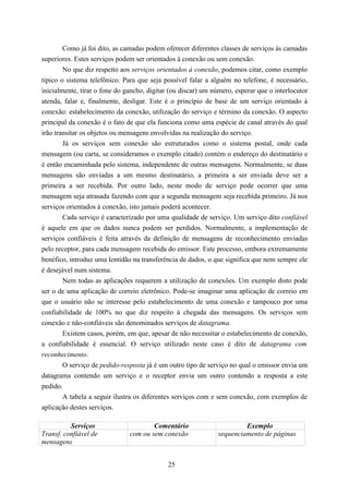 Como já foi dito, as camadas podem oferecer diferentes classes de serviços às camadas
superiores. Estes serviços podem ser orientados à conexão ou sem conexão.
        No que diz respeito aos serviços orientados à conexão, podemos citar, como exemplo
típico o sistema telefônico. Para que seja possível falar a alguém no telefone, é necessário,
inicialmente, tirar o fone do gancho, digitar (ou discar) um número, esperar que o interlocutor
atenda, falar e, finalmente, desligar. Este é o princípio de base de um serviço orientado à
conexão: estabelecimento da conexão, utilização do serviço e término da conexão. O aspecto
principal da conexão é o fato de que ela funciona como uma espécie de canal através do qual
irão transitar os objetos ou mensagens envolvidas na realização do serviço.
        Já os serviços sem conexão são estruturados como o sistema postal, onde cada
mensagem (ou carta, se consideramos o exemplo citado) contém o endereço do destinatário e
é então encaminhada pelo sistema, independente de outras mensagens. Normalmente, se duas
mensagens são enviadas a um mesmo destinatário, a primeira a ser enviada deve ser a
primeira a ser recebida. Por outro lado, neste modo de serviço pode ocorrer que uma
mensagem seja atrasada fazendo com que a segunda mensagem seja recebida primeiro. Já nos
serviços orientados à conexão, isto jamais poderá acontecer.
        Cada serviço é caracterizado por uma qualidade de serviço. Um serviço dito confiável
é aquele em que os dados nunca podem ser perdidos. Normalmente, a implementação de
serviços confiáveis é feita através da definição de mensagens de reconhecimento enviadas
pelo receptor, para cada mensagem recebida do emissor. Este processo, embora extremamente
benéfico, introduz uma lentidão na transferência de dados, o que significa que nem sempre ele
é desejável num sistema.
        Nem todas as aplicações requerem a utilização de conexões. Um exemplo disto pode
ser o de uma aplicação de correio eletrônico. Pode-se imaginar uma aplicação de correio em
que o usuário não se interesse pelo estabelecimento de uma conexão e tampouco por uma
confiabilidade de 100% no que diz respeito à chegada das mensagens. Os serviços sem
conexão e não-confiáveis são denominados serviços de datagrama.
        Existem casos, porém, em que, apesar de não necessitar o estabelecimento de conexão,
a confiabilidade é essencial. O serviço utilizado neste caso é dito de datagrama com
reconhecimento.
        O serviço de pedido-resposta já é um outro tipo de serviço no qual o emissor envia um
datagrama contendo um serviço e o receptor envia um outro contendo a resposta a este
pedido.
        A tabela a seguir ilustra os diferentes serviços com e sem conexão, com exemplos de
aplicação destes serviços.

          Serviços                     Comentário                       Exemplo
Transf. confiável de           com ou sem conexão              sequenciamento de páginas
mensagens


                                             25
 