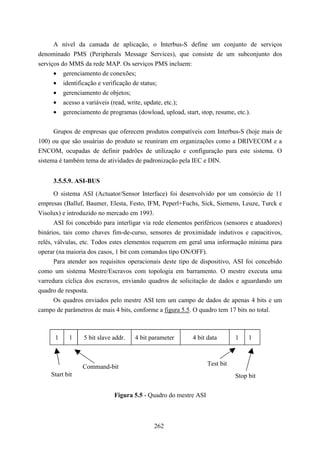 A nível da camada de aplicação, o Interbus-S define um conjunto de serviços
denominado PMS (Peripherals Message Services), que consiste de um subconjunto dos
serviços do MMS da rede MAP. Os serviços PMS incluem:
      • gerenciamento de conexões;
      • identificação e verificação de status;
      • gerenciamento de objetos;
      • acesso a variáveis (read, write, update, etc.);
      • gerenciamento de programas (dowload, upload, start, stop, resume, etc.).


      Grupos de empresas que oferecem produtos compatíveis com Interbus-S (hoje mais de
100) ou que são usuárias do produto se reuniram em organizações como a DRIVECOM e a
ENCOM, ocupadas de definir padrões de utilização e configuração para este sistema. O
sistema é também tema de atividades de padronização pela IEC e DIN.


     3.5.5.9. ASI-BUS
       O sistema ASI (Actuator/Sensor Interface) foi desenvolvido por um consórcio de 11
empresas (Balluf, Baumer, Elesta, Festo, IFM, Peperl+Fuchs, Sick, Siemens, Leuze, Turck e
Visolux) e introduzido no mercado em 1993.
       ASI foi concebido para interligar via rede elementos periféricos (sensores e atuadores)
binários, tais como chaves fim-de-curso, sensores de proximidade indutivos e capacitivos,
relês, válvulas, etc. Todos estes elementos requerem em geral uma informação mínima para
operar (na maioria dos casos, 1 bit com comandos tipo ON/OFF).
       Para atender aos requisitos operacionais deste tipo de dispositivo, ASI foi concebido
como um sistema Mestre/Escravos com topologia em barramento. O mestre executa uma
varredura cíclica dos escravos, enviando quadros de solicitação de dados e aguardando um
quadro de resposta.
      Os quadros enviados pelo mestre ASI tem um campo de dados de apenas 4 bits e um
campo de parâmetros de mais 4 bits, conforme a figura 5.5. O quadro tem 17 bits no total.



      1     1    5 bit slave addr.   4 bit parameter       4 bit data       1    1



                 Command-bit                                     Test bit
     Start bit                                                              Stop bit

                             Figura 5.5 - Quadro do mestre ASI



                                            262
 