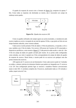 O quadro de resposta do escravo tem o formato da figura 5.6, composto de apenas 7
bits. Como todas as respostas são destinadas ao mestre, não é necessário um campo de
endereço neste quadro.


                             1          4 bit data       1    1



                                              Test bit
                            Start bit                    Stop bit

                            Figura 5.6 - Quadro dos escravos ASI


      Como os quadros utilizados são sempre iguais aos acima mostrados, a varredura de cada
escravo implica no envio e recepção de um total de apenas 24 bits, o que pode ser feito em um
tempo bastante reduzido, como veremos adiante.
      Cada escravo recebe portanto 4 bits de dados e 4 bits de parâmetros, e responde, se for o
caso, também com 4 bits de dados. Um escravo ASI possui até 4 portas de I/O conectadas a
dispositivos periféricos, como mostra a figura 5.7. Cada porta de saída recebe o valor de 1 dos
4 bits do campo de dados do quadro enviado pelo mestre. Se as portas estão configuradas
como entradas, seu valor é copiado nos 4 bits correspondentes do campo de dados do quadro
de resposta do escravo. Desta forma, o mestre pode ler ou escrever em qualquer uma das
portas remotas dos escravos.
      ASI suporta até 31 escravos em um barramento. Como cada escravo pode ter 4 entradas
ou saídas, o número máximo de elementos binários que podem ser integrados aos 31 escravos
é de 124. Esta configuração permite ligar os sensores e atuadores binários convencionais
atuais à rede ASI. A varredura completa dos 31escravos, atualizando todas as 124 entradas e
saídas, requer cerca de 5 ms.




        ASI
       Master
                              Slave 1       Slave 2            ...                Slave 31


                  I/O 1                                           I/O 120

                          I/O 4                                             I/O 124



                                                263
 