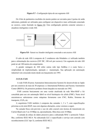Figura 5.7 - Configuração típica de um segmento ASI


      Os 4 bits de parâmetros recebidos do mestre podem ser enviados para 4 portas de saída
adicionais, podendo ser utilizados para configurar um dispositivo mais sofisticado conectado
ao escravo, como ilustrado na figura 5.8. Esta configuração permite conectar sensores e
atuadores inteligentes à rede ASI.



                   Slave
                    ASI                                      sensor




          Figura 5.8 - Sensor ou Atuador inteligente conectado a um escravo ASI


      O cabo de rede ASI é composto de 2 condutores não blindados e é utilizado também
para a alimentação dos escravos (24V DC, 100 mA por escravo). Um segmento de rede ASI
pode ter até 100 metros de comprimento.
      A grande vantagem de ASI sobre outras rede tipo fieldbus é o custo baixo e
simplicidade de implementação, operação e manutenção. Sua aplicação em automação
industrial vem crescendo muito desde seu lançamento em 1993.


     3.5.5.10. FAIS
       A rede FAIS (Factory Automation Interconnection System) foi desenvolvida no Japão
por um consórcio de mais de 30 empresas e o International Robotics and Factory Automation
Center (IROFA). Os primeiros produtos foram lançados no mercado em 1992.
       FAIS consiste basicamente em uma versão atualizada da rede Mini-MAP e foi
concebida para uso em automação fabril no nível hierárquico de célula (FMC). Neste nível
encontram-se subsistemas como máquinas ferramenta com CNC, Robôs, Sistemas de
transporte, CLPs, etc.
      A arquitetura FAIS também é composta das camadas 1, 2 e 7, com especificações
próximas as do mini-MAP, mas com algumas alterações, como veremos a seguir.
      Na camada física está previsto o uso de cabo coaxial com técnica de transmissão em
Carrier-Band com 5 ou 10 Mbps ou, opcionalmente, fibra ótica com 10 Mbps.
       A camada de enlace de dados prescreve para a subcamada MAC o protocolo Token-
Bus, conforme IEEE 802.4. Na subcamada LLC é especificado o serviço sem conexão com
reconhecimento (LLC tipo 3), conforme IEEE 802.2.


                                           264
 