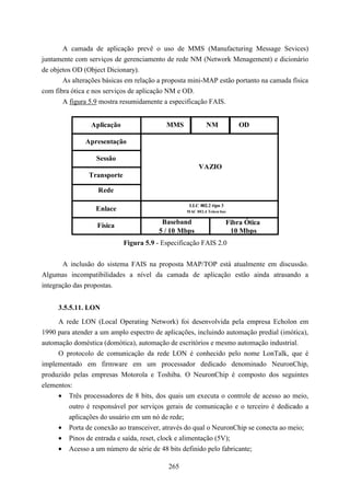 A camada de aplicação prevê o uso de MMS (Manufacturing Message Sevices)
juntamente com serviços de gerenciamento de rede NM (Network Menagement) e dicionário
de objetos OD (Object Dicionary).
       As alterações básicas em relação a proposta mini-MAP estão portanto na camada física
com fibra ótica e nos serviços de aplicação NM e OD.
       A figura 5.9 mostra resumidamente a especificação FAIS.


                Aplicação                  MMS             NM             OD

              Apresentação

                  Sessão
                                                       VAZIO
                Transporte

                   Rede

                                                   LLC 802.2 tipo 3
                  Enlace                          MAC 802.4 Token bus

                                          Baseband                    Fibra Ótica
                  Física
                                         5 / 10 Mbps                   10 Mbps
                             Figura 5.9 - Especificação FAIS 2.0


       A inclusão do sistema FAIS na proposta MAP/TOP está atualmente em discussão.
Algumas incompatibilidades a nível da camada de aplicação estão ainda atrasando a
integração das propostas.


     3.5.5.11. LON
     A rede LON (Local Operating Network) foi desenvolvida pela empresa Echolon em
1990 para atender a um amplo espectro de aplicações, incluindo automação predial (imótica),
automação doméstica (domótica), automação de escritórios e mesmo automação industrial.
     O protocolo de comunicação da rede LON é conhecido pelo nome LonTalk, que é
implementado em firmware em um processador dedicado denominado NeuronChip,
produzido pelas empresas Motorola e Toshiba. O NeuronChip é composto dos seguintes
elementos:
     • Três processadores de 8 bits, dos quais um executa o controle de acesso ao meio,
         outro é responsável por serviços gerais de comunicação e o terceiro é dedicado a
         aplicações do usuário em um nó de rede;
     • Porta de conexão ao transceiver, através do qual o NeuronChip se conecta ao meio;
     • Pinos de entrada e saída, reset, clock e alimentação (5V);
     • Acesso a um número de série de 48 bits definido pelo fabricante;

                                            265
 