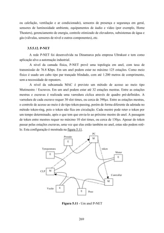ou calefação, ventilação e ar condicionado), sensores de presença e segurança em geral,
sensores de luminosidade ambiente, equipamentos de áudio e vídeo (por exemplo, Home
Theaters), gerenciamento de energia, controle otimizado de elevadores, subsistemas de água e
gás (válvulas, sensores de nível e outros componentes), etc.


     3.5.5.12. P-NET
       A rede P-NET foi desenvolvida na Dinamarca pela empresa Ultrakust e tem como
aplicação alvo a automação industrial.
        A nível da camada física, P-NET prevê uma topologia em anel, com taxa de
transmissão de 76.8 Kbps. Em um anel podem estar no máximo 125 estações. Como meio
físico é usado um cabo tipo par trançado blindado, com até 1.200 metros de comprimento,
sem a necessidade de repeaters.
        A nível da subcamada MAC é previsto um método de acesso ao meio tipo
Mutimestre / Escravos. Em um anel podem estar até 32 estações mestras. Entre as estações
mestras e escravas é realizada uma varredura cíclica através de quadro pré-definidos. A
varredura de cada escravo requer 30 slot times, ou cerca de 390µs. Entre as estações mestras,
o controle de acesso ao meio é do tipo token-passing, porém de forma diferente da adotada no
método token-ring, pois o token não fica em circulação. Cada mestre pode reter o token por
um tempo determinado, após o que tem que envia-lo ao próximo mestre do anel. A passagem
de token entre mestres requer no máximo 10 slot times, ou cerca de 130µs. Apesar do token
passar pelas estações escravas, uma vez que elas estão também no anel, estas não podem retê-
lo. Esta configuração é mostrada na figura 5.11.
                                                      PC
                                   Pressão
                                                      M
                                      E

                Temperatura                                  token
                                                                         Motor
                      E
                                                                           E




               CLP    M
                                                                     Controller

                                                                 M

                     Vazão    E
                                              E    Peso



                                  Figura 5.11 - Um anel P-NET



                                             269
 