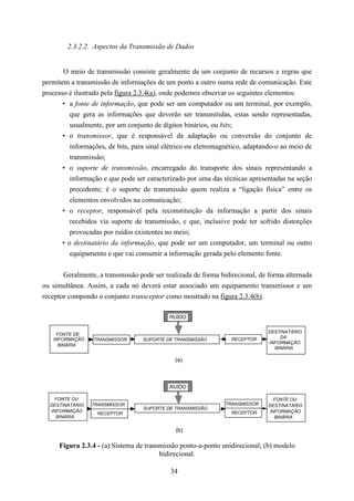 2.3.2.2. Aspectos da Transmissão de Dados


       O meio de transmissão consiste geralmente de um conjunto de recursos e regras que
permitem a transmissão de informações de um ponto a outro numa rede de comunicação. Este
processo é ilustrado pela figura 2.3.4(a), onde podemos observar os seguintes elementos:
       • a fonte de informação, que pode ser um computador ou um terminal, por exemplo,
          que gera as informações que deverão ser transmitidas, estas sendo representadas,
          usualmente, por um conjunto de dígitos binários, ou bits;
       • o transmissor, que é responsável da adaptação ou conversão do conjunto de
          informações, de bits, para sinal elétrico ou eletromagnético, adaptando-o ao meio de
          transmissão;
       • o suporte de transmissão, encarregado do transporte dos sinais representando a
          informação e que pode ser caracterizado por uma das técnicas apresentadas na seção
          precedente; é o suporte de transmissão quem realiza a “ligação física” entre os
          elementos envolvidos na comunicação;
       • o receptor, responsável pela reconstituição da informação a partir dos sinais
          recebidos via suporte de transmissão, e que, inclusive pode ter sofrido distorções
          provocadas por ruídos existentes no meio;
       • o destinatário da informação, que pode ser um computador, um terminal ou outro
          equipamento e que vai consumir a informação gerada pelo elemento fonte.


       Geralmente, a transmissão pode ser realizada de forma bidirecional, de forma alternada
ou simultânea. Assim, a cada nó deverá estar associado um equipamento transmissor e um
receptor compondo o conjunto transceptor como mostrado na figura 2.3.4(b).

                                            RUÍDO

                                                                              DESTINATÁRIO
    FONTE DE
   INFORMAÇÃO                                                    RECEPTOR         DA
                 TRANSMISSOR       SUPORTE DE TRANSMISSÃO
                                                                              INFORMAÇÃO
     BINÁRIA
                                                                                BINÁRIA

                                              (a)



                                            RUÍDO

    FONTE OU                                                                    FONTE OU
  DESTINATÁRIO   TRANSMISSOR                                   TRANSMISSOR    DESTINATÁRIO
                                   SUPORTE DE TRANSMISSÃO
  INFORMAÇÃO                                                     RECEPTOR     INFORMAÇÃO
                   RECEPTOR
    BINÁRIA                                                                     BINÁRIA

                                              (b)

     Figura 2.3.4 - (a) Sistema de transmissão ponto-a-ponto unidirecional; (b) modelo
                                        bidirecional.

                                            34
 