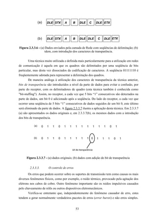 (a)   DLE STX         A       B        DLE       C       DLE ETX




                  (b)   DLE STX         A       B        DLE DLE           C           DLE ETX


Figura 2.3.3.6 - (a) Dados enviados pela camada de Rede com seqüências de delimitação; (b)
                    idem, com introdução dos caracteres de transparência.


       Uma técnica muito utilizada e definida mais particularmente para a utilização em redes
de comunicação é aquela em que os quadros são delimitados por uma seqüência de bits
particular, mas desta vez dissociados da codificação de caracteres. A seqüência 01111110 é
freqüentemente adotada para representar a delimitação dos quadros.
        De maneira análoga à utilização dos caracteres de transparência da técnica anterior,
bits de transparência são introduzidos a nível da parte de dados para evitar a confusão, por
parte do receptor, com os delimitadores de quadro (esta técnica também é conhecida como
"bit-stuffing"). Assim, no receptor, a cada vez que 5 bits “1” consecutivos são detectados na
parte de dados, um bit 0 é adicionado após a seqüência. Do lado do receptor, a cada vez que
ocorrer uma seqüência de 5 bits “1” consecutivos de dados seguidos de um bit 0, este último
será eliminado da parte de dados. A figura 2.3.3.7 ilustra a aplicação desta técnica. Em 2.3.3.7
(a) são apresentados os dados originais e, em 2.3.3.7(b), os mesmos dados com a introdução
dos bits de transparência.

            (a)     0   1      1   0   1    1       1    1     1       1       1       1       0       1



            (b)     0   1      1   0   1    1       1    1     1 0         1       1       1       0       1


                                                bit de transparência


      Figura 2.3.3.7 - (a) dados originais; (b) dados com adição do bit de transparência


         2.3.3.3.           O controle de erros

       Os erros que podem ocorrer sobre os suportes de transmissão tem como causas os mais
diversos fenômenos físicos, como por exemplo, o ruído térmico, provocado pela agitação dos
elétrons nos cabos de cobre. Outro fenômeno importante são os ruídos impulsivos causados
pelo chaveamento de relês ou outros dispositivos eletromecânicos.
       Verifica-se entretanto que, independentemente do fenômeno causador de erro, estes
tendem a gerar normalmente verdadeiros pacotes de erros (error bursts) e não erros simples.


                                                    53
 