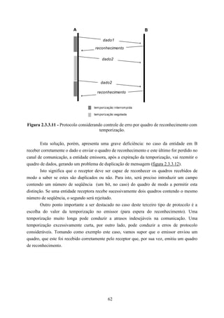 A                                        B

                                          dado1

                                    reconhecimento

                                         dado2




                                        dado2

                                      reconhecimento


                                    tem porização interrom pida

                                    tem porização esgotada


Figura 2.3.3.11 - Protocolo considerando controle de erro por quadro de reconhecimento com
                                       temporização.


        Esta solução, porém, apresenta uma grave deficiência: no caso da entidade em B
receber corretamente o dado e enviar o quadro de reconhecimento e este último for perdido no
canal de comunicação, a entidade emissora, após a expiração da temporização, vai reemitir o
quadro de dados, gerando um problema de duplicação de mensagem (figura 2.3.3.12).
        Isto significa que o receptor deve ser capaz de reconhecer os quadros recebidos de
modo a saber se estes são duplicados ou não. Para isto, será preciso introduzir um campo
contendo um número de seqüência (um bit, no caso) do quadro de modo a permitir esta
distinção. Se uma entidade receptora recebe sucessivamente dois quadros contendo o mesmo
número de seqüência, o segundo será rejeitado.
        Outro ponto importante a ser destacado no caso deste terceiro tipo de protocolo é a
escolha do valor da temporização no emissor (para espera do reconhecimento). Uma
temporização muito longa pode conduzir a atrasos indesejáveis na comunicação. Uma
temporização excessivamente curta, por outro lado, pode conduzir a erros de protocolo
consideráveis. Tomando como exemplo este caso, vamos supor que o emissor enviou um
quadro, que este foi recebido corretamente pelo receptor que, por sua vez, emitiu um quadro
de reconhecimento.




                                             62
 